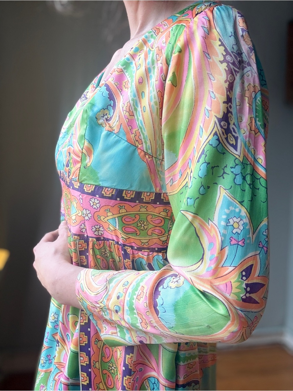 Vintage 60s Psychedelic Maxi Dress | Mod Paisley Empire Waist Gown | Size M - Picture 7 of 12